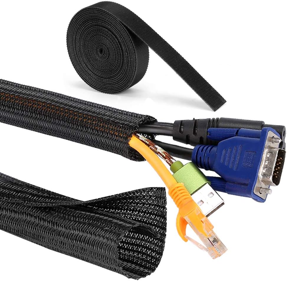 Cable Management Sleeve, MOSOTECH 2 x 5.2ft - 3/4 inch Expandable Braided Cable Sleeve + 1 x 10ft Cable Ties for TV, PC, Home, Theater Cord Organizer, 3 Pieces
