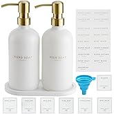 Soap Dispenser Bathroom - Dish and Hand Soap Dispenser Set, Glass Soap Lotion Dispenser with Pump for Kitchen with Tray, Waterproof Labels, 2 Lotion White Bottle/Gold Pump N