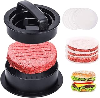 DUSTION 3 in 1 Burgerpresse Set - Hamburgerpresse Patty Maker für perfekte Burger, Patties oder Frikadellen, Robustes Grillzubehör, spülmaschinenfeste Hamburger Presse + 100 Patty Papers
