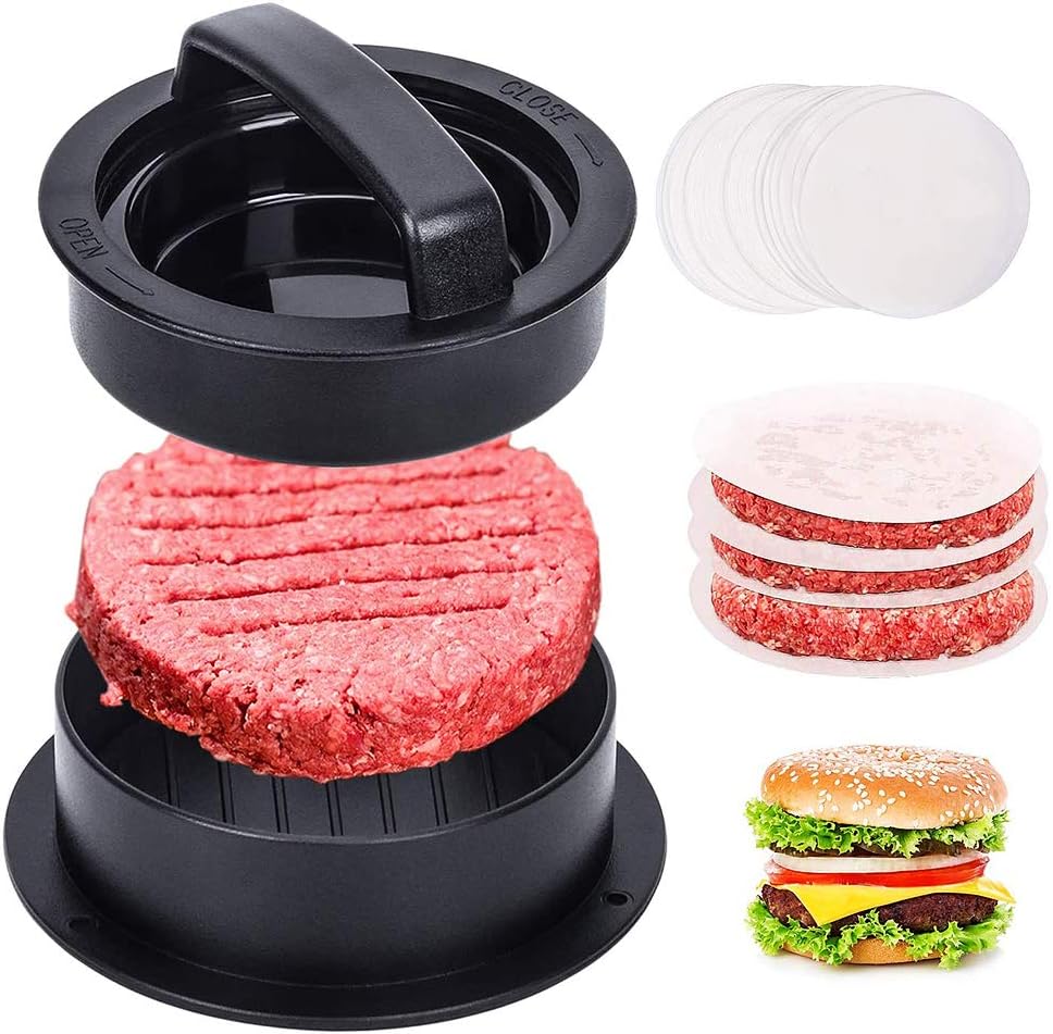 DUSTION 3 in 1 Burgerpresse Set - Hamburgerpresse Patty Maker für perfekte Burger, Patties oder Frikadellen, Robustes Grillzubehör, spülmaschinenfeste Hamburger Presse + 100 Patty Papers