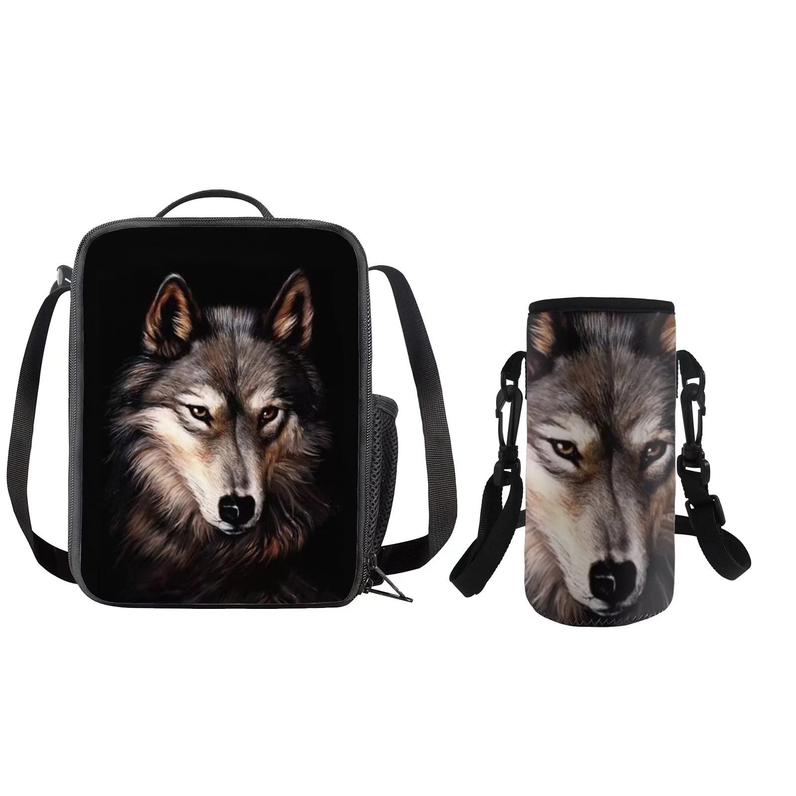 COEQINE Kids Adult Water Bottle Carrier Bag Insulated,School Lunch Bag,Set of 2 Pack,Print Wolf Black,for Travel Outdoor Hiking