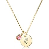 Birth Flower Necklaces for Women, 18K Gold Plated Dainty Birthstone Pendant Necklaces Handmade Birth Month Flower Jewelry Disc Coin Birthday Gifts for Women Girls Teens
