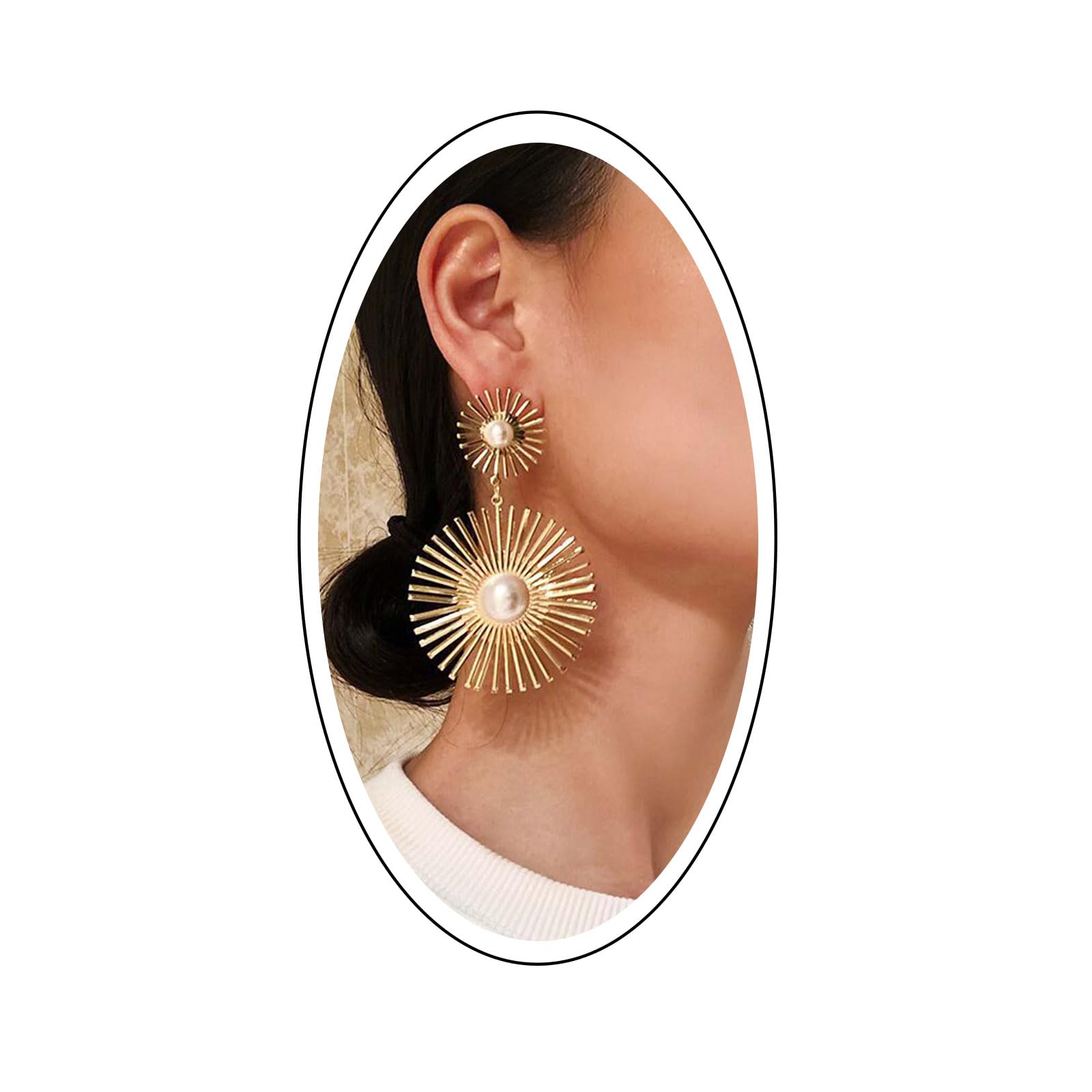 Yienate Large Sunburst Pearl Drop Earrings Studs Exquisite Pearl Dangle Earrings Exaggerated Bridal Pearl Earrings Sparkly Gold Prom Pearl Earring Jewelry Gift for Women Girls