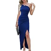 Sarin Mathews Womens One Shoulder Long Formal Dress Sexy Summer Sleeveless Bodycon Ruched Wrap Split Cocktail Dresses