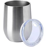 HASLE OUTFITTERS 12oz Wine Tumbler with Lid Stemless Wine Glasses Double Wall Vacuum Travel Mugs stainless steel Coffee Cup for Cold & Hot Drinks Wine Coffee Cocktails Beer (Stainless Steel, 1 Pack)
