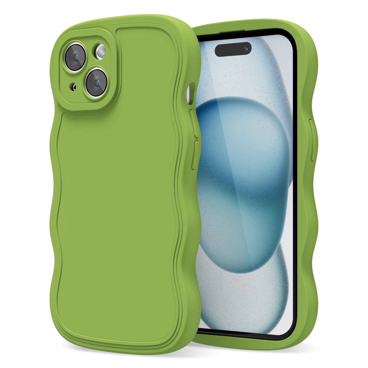 oakxco Silicone Case for iPhone 15 Plus Case Wavy Edge, Cute Curly Wave Frame Ripple Trendy Design Girly Phone Case for Women, Y2k Aesthetic Plain Soft Rubber & Camera Cover Protection, Light Green