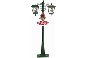 Fraser Hill Farm 74-in. Double Lantern Street Lamp Christmas Decoration with Santa and Snowman Family, Holiday Light with Cascading Snow and Christmas Carols, Festive Holiday Home Decor, Green