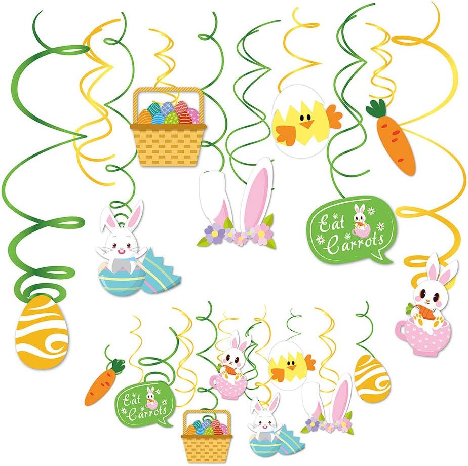 LinTimes 30pcs Easter Party Decorations Colorful Foil Paper Swirls Hanging Pendants Photo Props Easter Eggs Rabbit Carrots