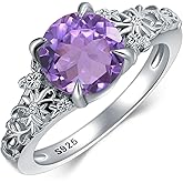 Vintage Floral Engagement Ring for Women, Sterling Silver with Round Cut Natural Gemstone (Amethyst, Turquoise, Black Onyx, Moonstone, Amber), Boho Promise Ring Birthday Gift