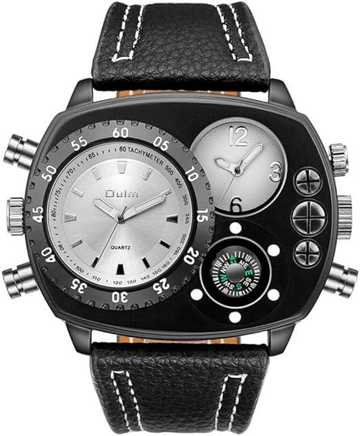 Reloj militar único para hombre multi dos diales de cuero cuarzo grande reloj de pulsera con brújula