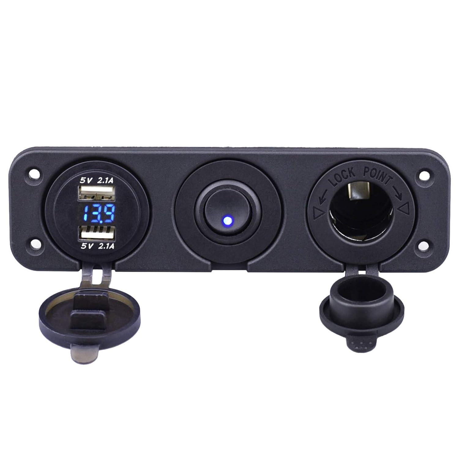 Cllena Dual USB Socket Charger 4.2A & LED Voltmeter + 12V Power Outlet + ON-Off Rocker Toggle Switch Four Functions Panel for Car Marine Boat RV Truck Camper Vehicles (Blue)