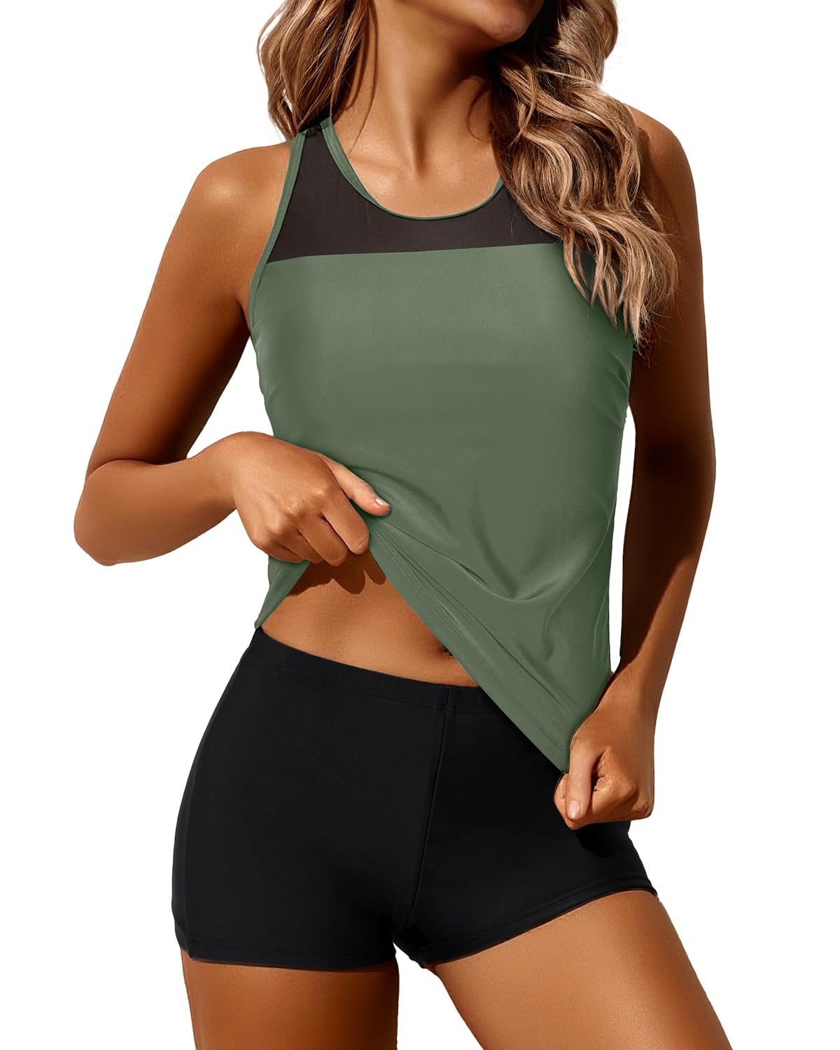 Photo 1 of Yonique Tankini Swimsuits for Women with Shorts Athletic Two Piece Bathing Suits Racerback Tank Tops Swimwear Army Green 20 Plus