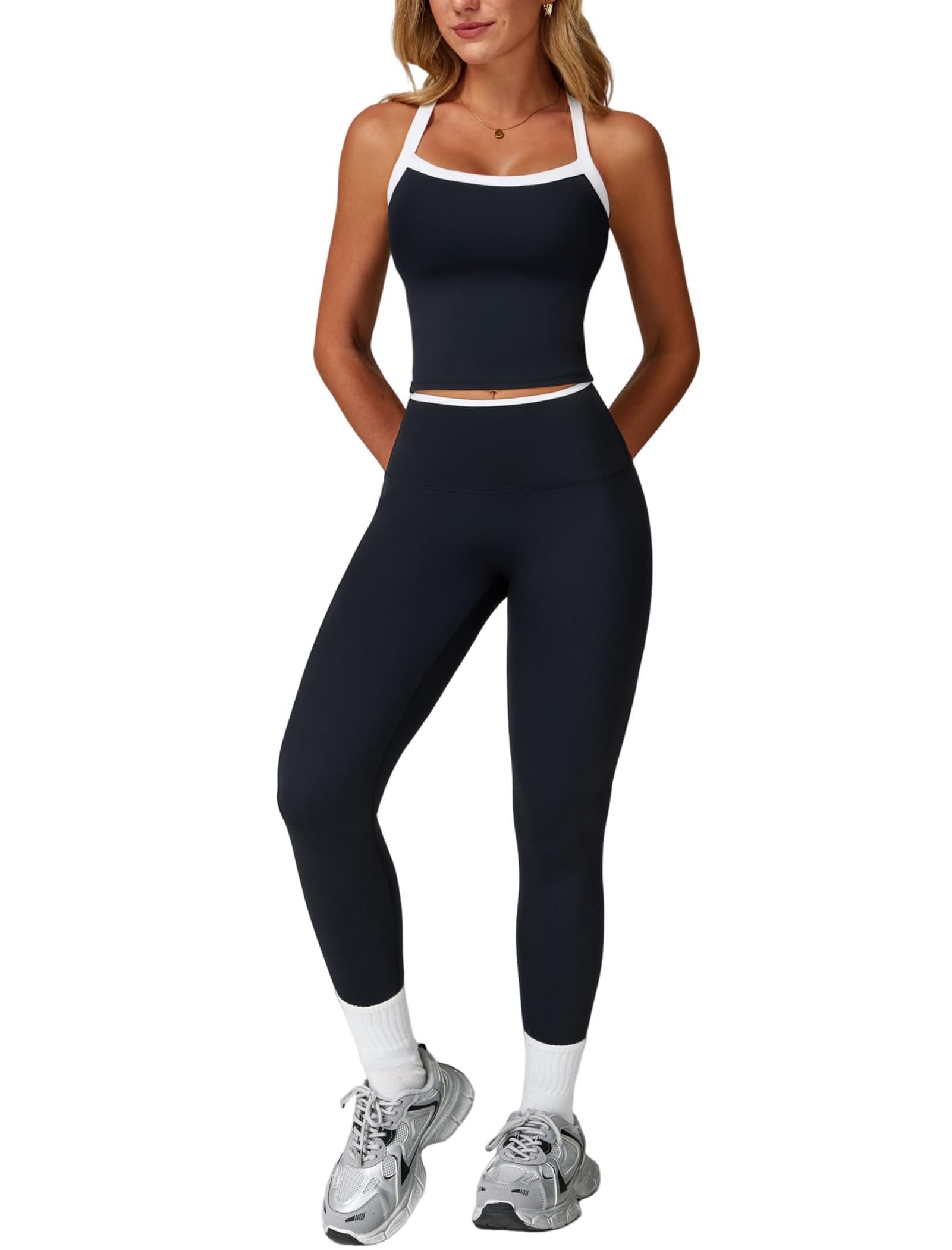 Photo 1 of Womens Workout Sets Two Piece Seamless Cross Back Tank Top Matching Tummy Control High Waist Leggings Set 2 Piece For Women Gym Yoga Active Wear Outfits Athletic Work Out Clothes Colorblock Black M