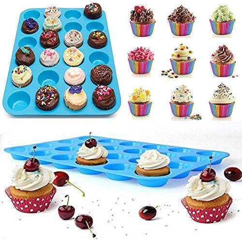 3 Paks Silicone Mini Muffin Pan, 24 Cups Silicone Mold Cupcake Baking Pan, Silicone Muffin Tins Baking Molds. (Orange, Red, Blue)
