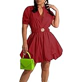 ENOPINK Women Deep V Neck Mini Dress Puffy Sleeves Birthday Bubble Dresses with Belt Red S