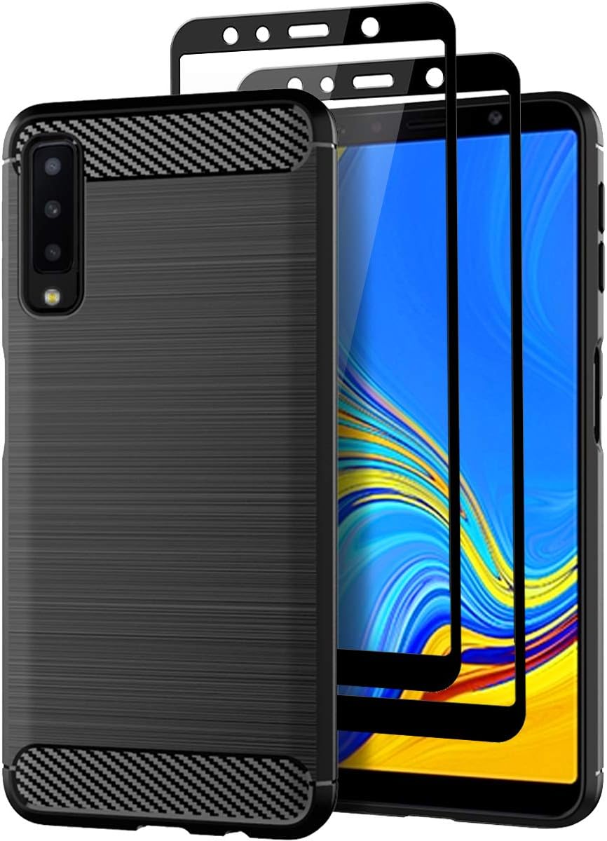 Teayoha Case for Samsung Galaxy A7 2018, with Tempered Glass Screen Protector [2 Pack], Carbon Fiber Scratch Resistant, Shock Absorption Soft TPU Drawing Protective Cases Cover - Black