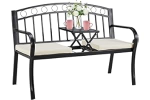AVAWING Outdoor Metal Garden Bench, 2-Seat Patio Porch Bench with Steel Frame, Park Bench w/Pullout Middle Table＆ Cushion for Backyard Lawn Deck Entryway, Black