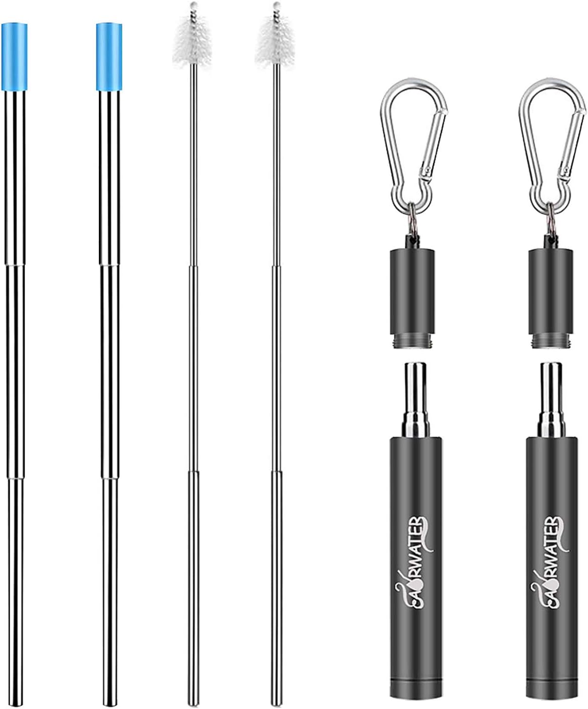 Portable Reusable Telescopic Collapsible folding drinking straws Eco Friendly with Travel Case, Keychain, Cleaning Brush, Silicone Tips, 2 pack (Black+Black)
