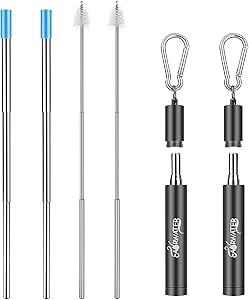 Portable Reusable Telescopic Collapsible folding drinking straws Eco Friendly with Travel Case, Keychain, Cleaning Brush, Silicone Tips, 2 pack (Black+Black)