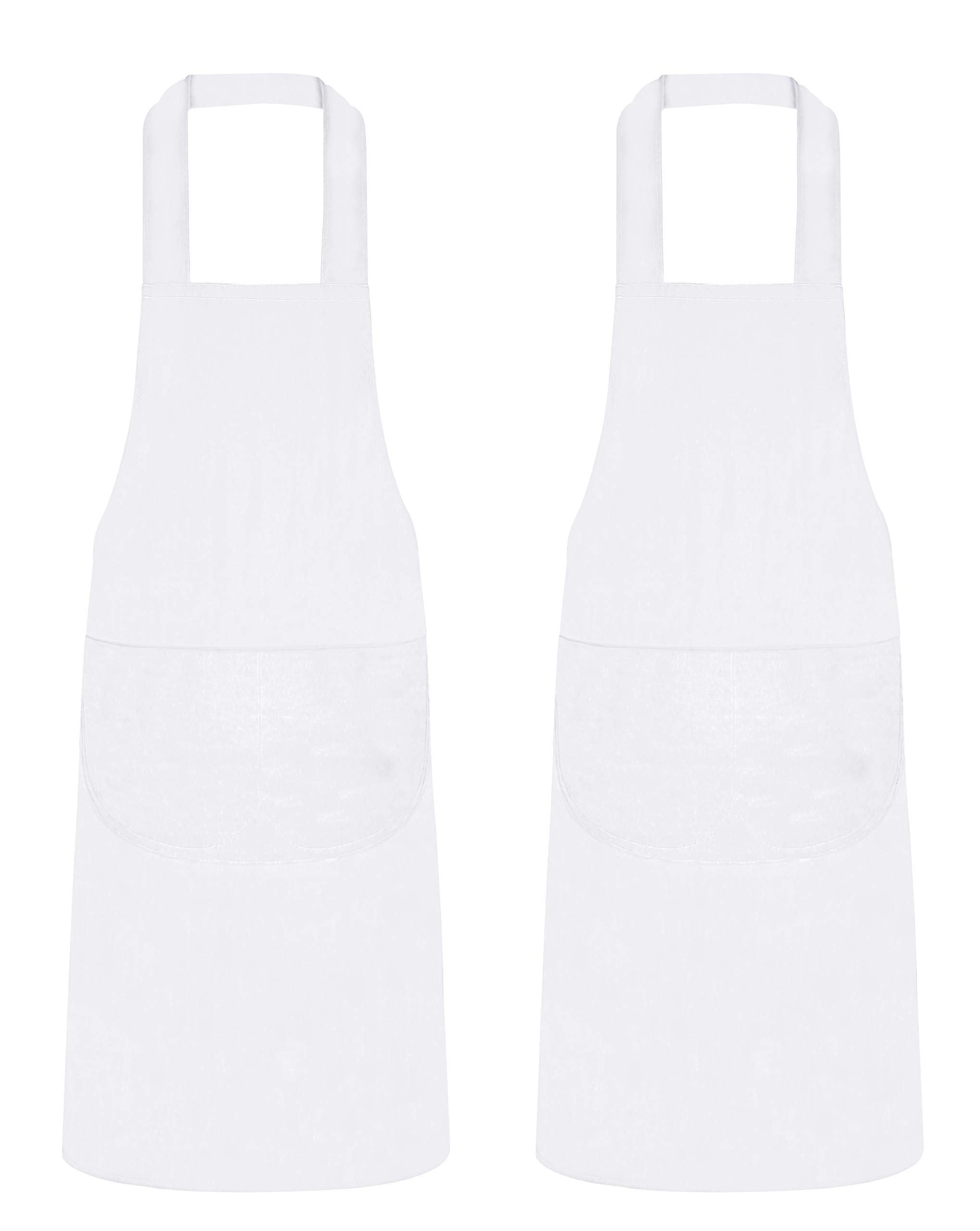 Quick Cleaning Supplies Pack of 2 Unisex Bib Aprons – 100% Combed Cotton - Professional Heavy Duty Grade – Thick Fabric Construction – Two Large Front Pockets’- Fade Resistant (White)