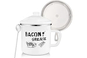 BokingOne Bacon Grease Container with Strainer, 1.5L/46oz Large Stainless Steel Cooking Oil Container with Lid & Spoon, White