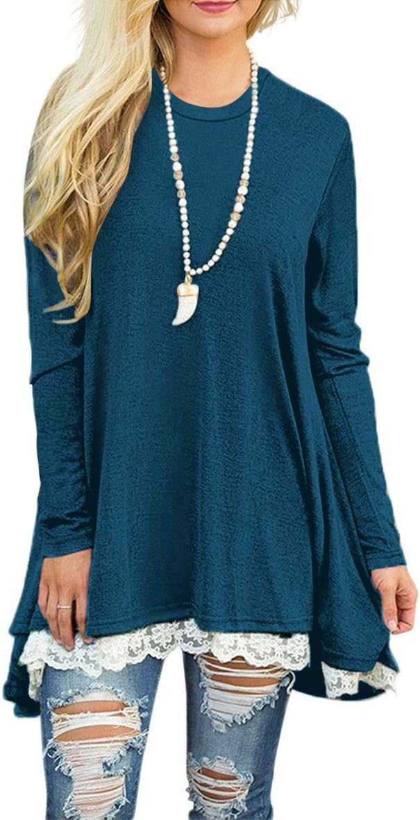 WEKILI Women's Tops Long Sleeve Lace Scoop Neck A-line Tunic Blouse
