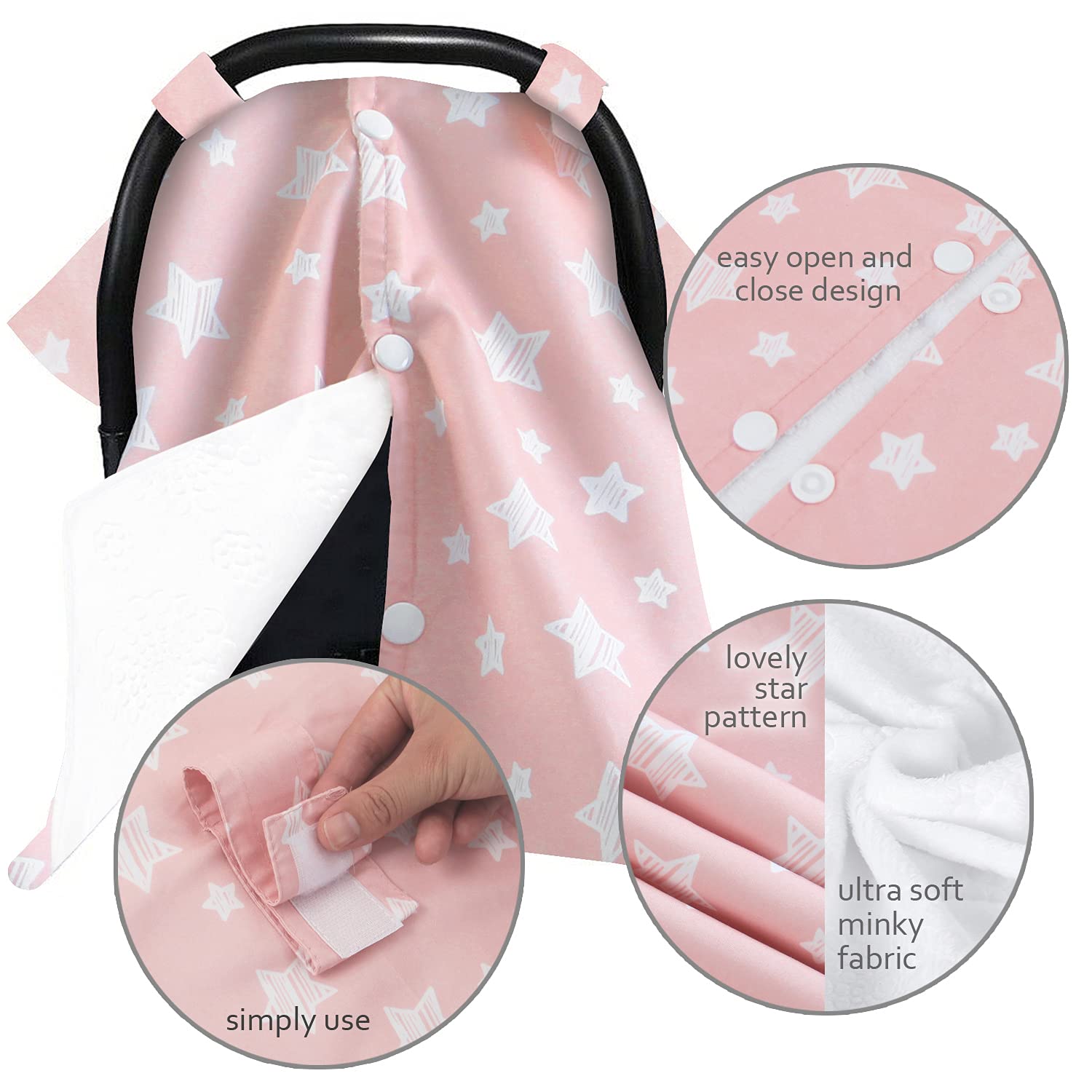 Infant Car Seat Canopy Pink for Baby Girls, 2 in 1 Carseat Covers for Babies, Soft Minky Plush Backing Baby Car Seat Cover, Nurisng Cover Up for New Mom