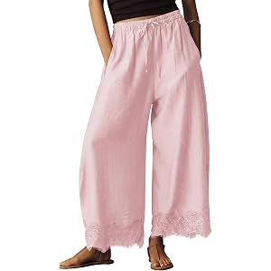 EXLURA Women Cotton Lace Trim Wide Leg Pants Summer Casual Cropped Drawstring Elastic Waist Lightweight Trousers with Pockets
