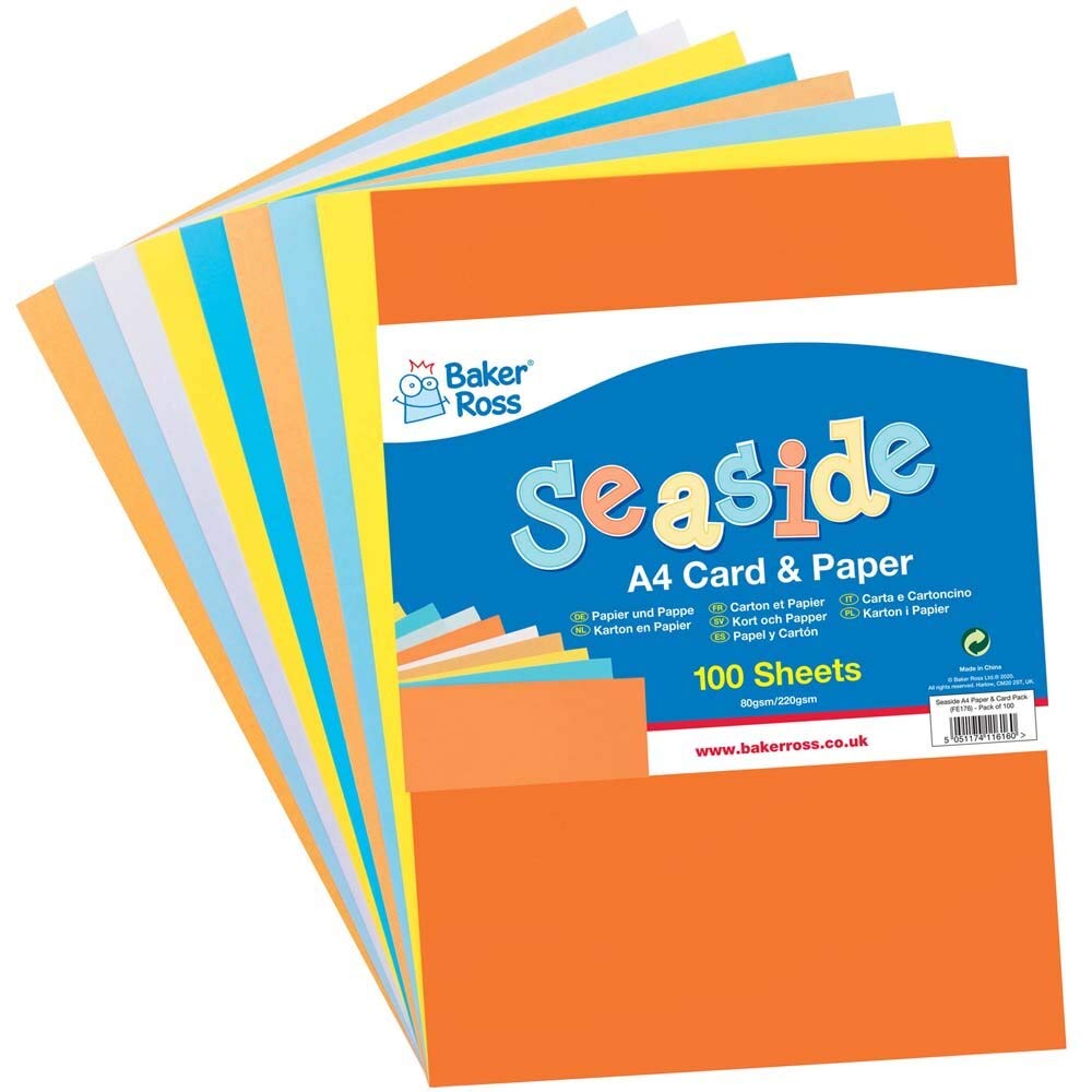 Baker Ross FE176 Seaside A4 Paper & Card - Pack - Pack of 100, Coloured Art Supplies for Kids Craft Making Activities, Seaside