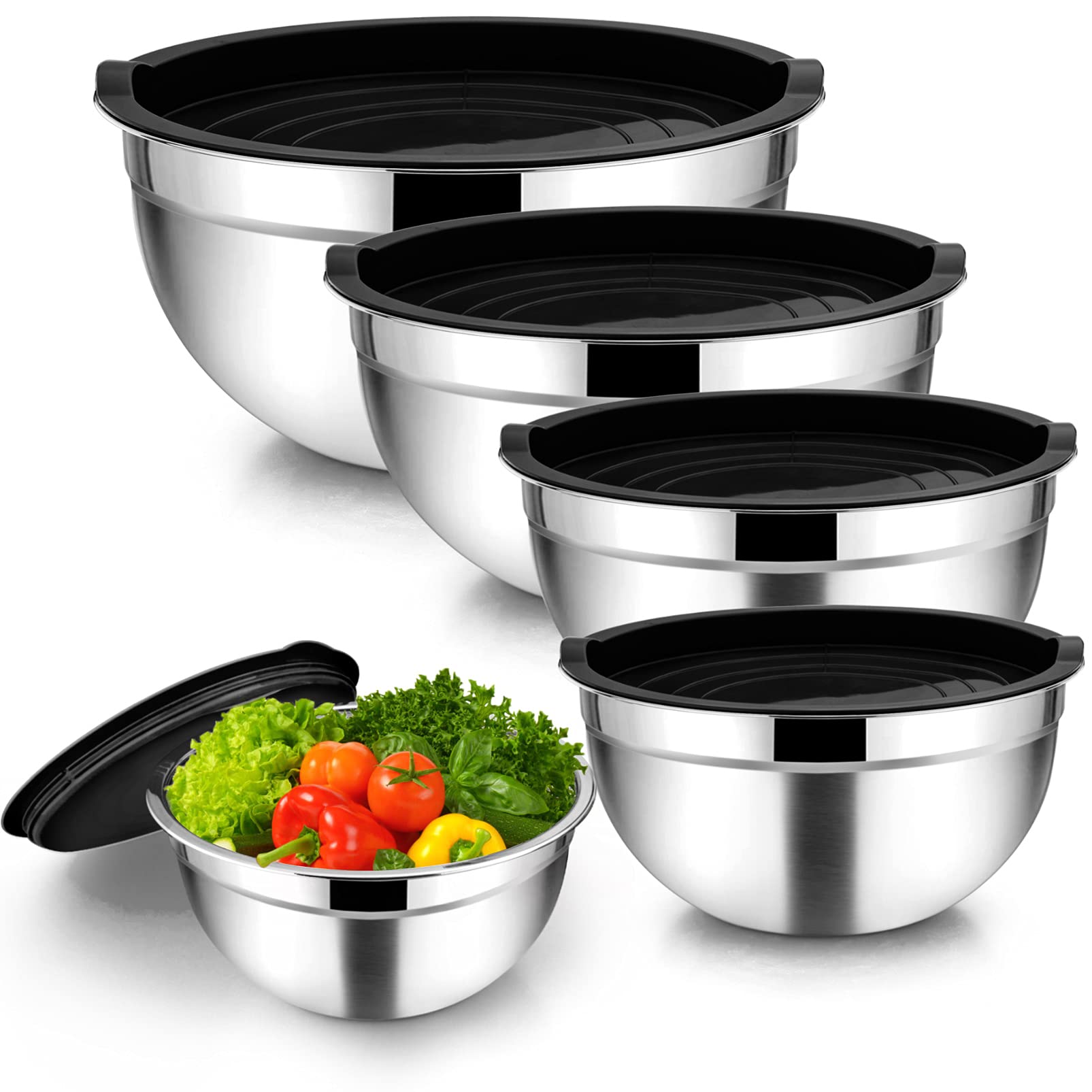 Homikit Stainless Steel Mixing Bowls with Airtight Lids, 5 Piece Nesting Salad Bowls for Space-Saving Storage, Metal Serving Bowl for Kitchen Baking/Cooking/Prepping, Size 14/16/18/22/26cm — image 1