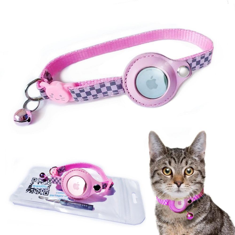 Waldoly NavigoCat Cat Collar Accessory Compatible with Apple Airtag GPS, Reflective Checked and Adjustable Anti-Choke Collar for Cat and Puppy, (GPS Not Included) (Pink)