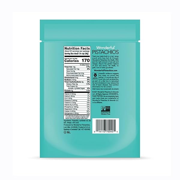 WONDERFUL PISTACHIOS NO SHELLS, SEA SALT & VINEGAR NUTS, 22 OUNCE RESEALABLE BAG, PROTEIN SNACKS, GLUTEN FREE, HEALTHY SNACK
