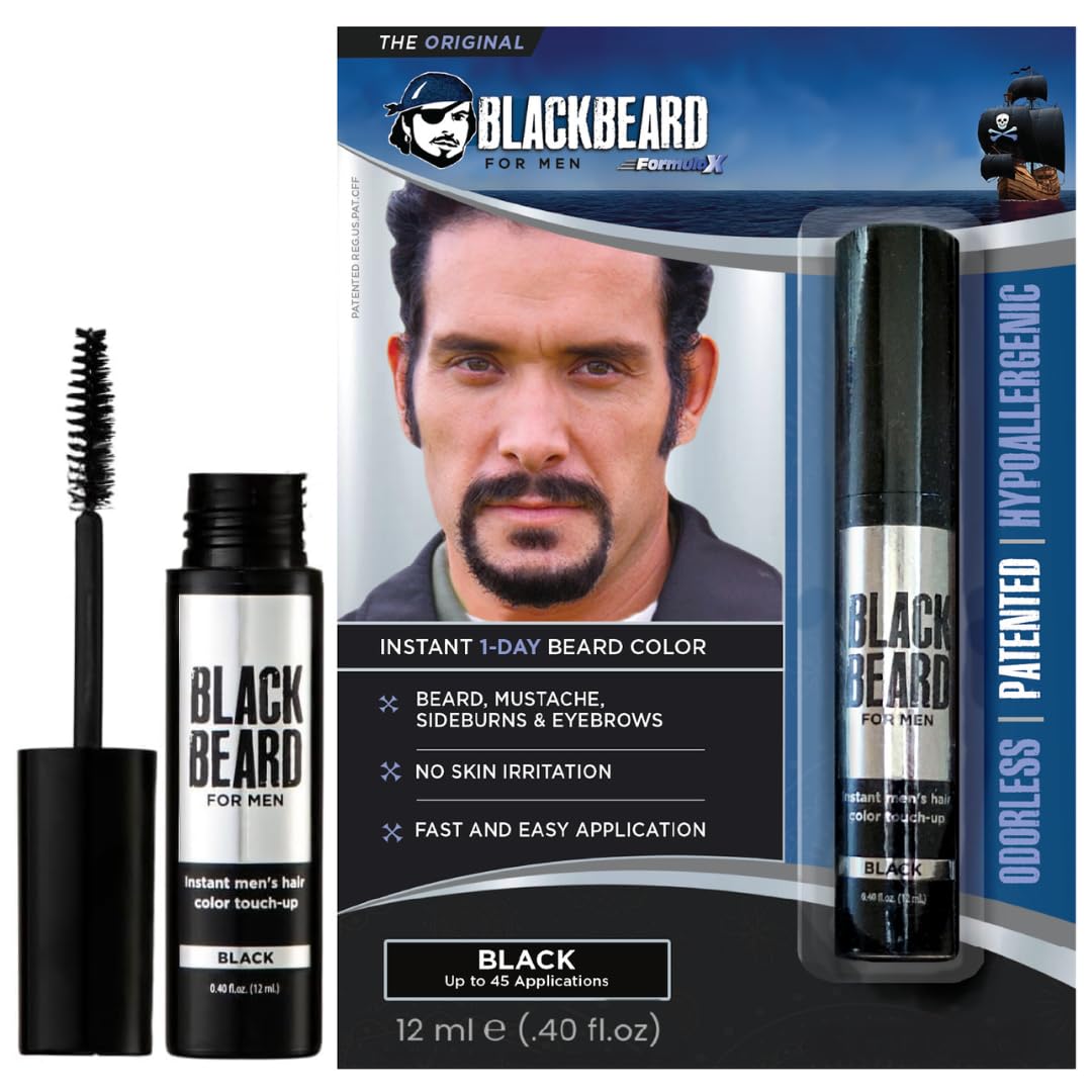 Blackbeard for Men Facial Hair Color Touch Up Brush - Temporary 1-Day Tint for Gray Coverage on Moustache, Sideburns and Brows, Waterproof Hypoallergenic Dye Alternative, Black, 45 Applications