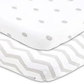 Bassinet Fitted Sheets for Baby Beside Dreamer Bedside Sleeper and Chicco Next2Me – Fits 20 x 33 Mattress – Snuggly Soft Jersey Cotton – Grey Polka Dots, Chevron – 2 Pack