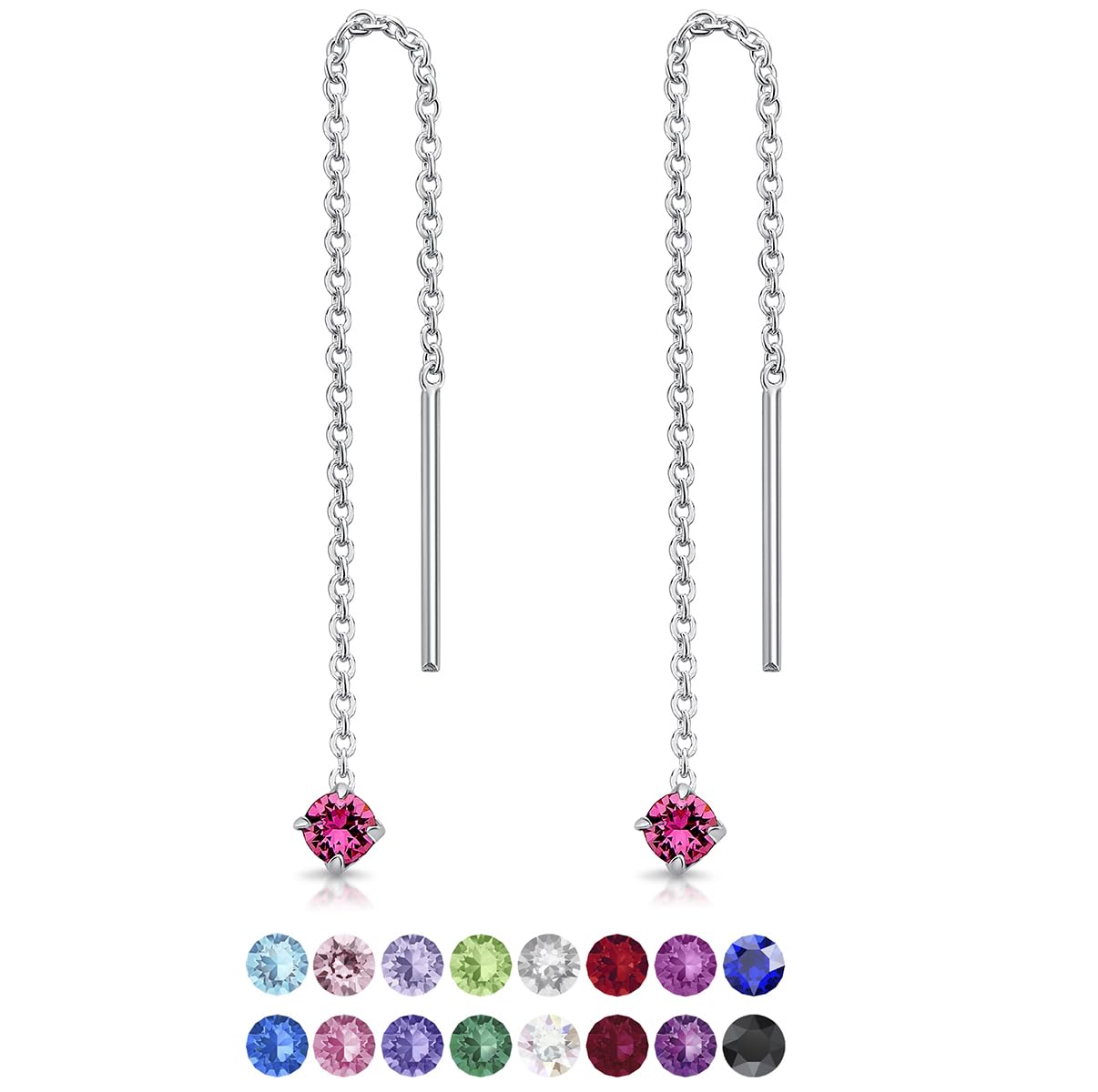 DTPsilver® 925 Sterling Silver SMALL Pull Through Drop Chain Earrings & MINI Round Dangling 3 mm Glittering Crystals from Swarovski® Elements - Total Length 57 mm - Colour : Rose