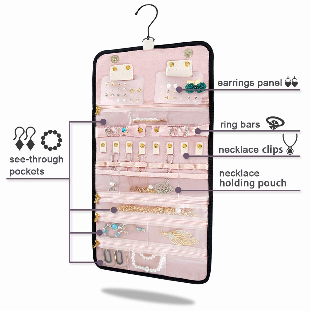 B. SHINE Jewelry Rolls - Hanging Jewelry Organizers, Foldable Jewelry Bag Case for Travel, for Rings, Necklaces, Bracelets, Earrings Storage (Tropical Plant)