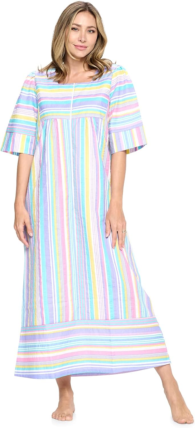 Casual Nights Women's Zip Front Woven House Dress | 3/4 Sleeves Housecoat Long Duster Lounger 