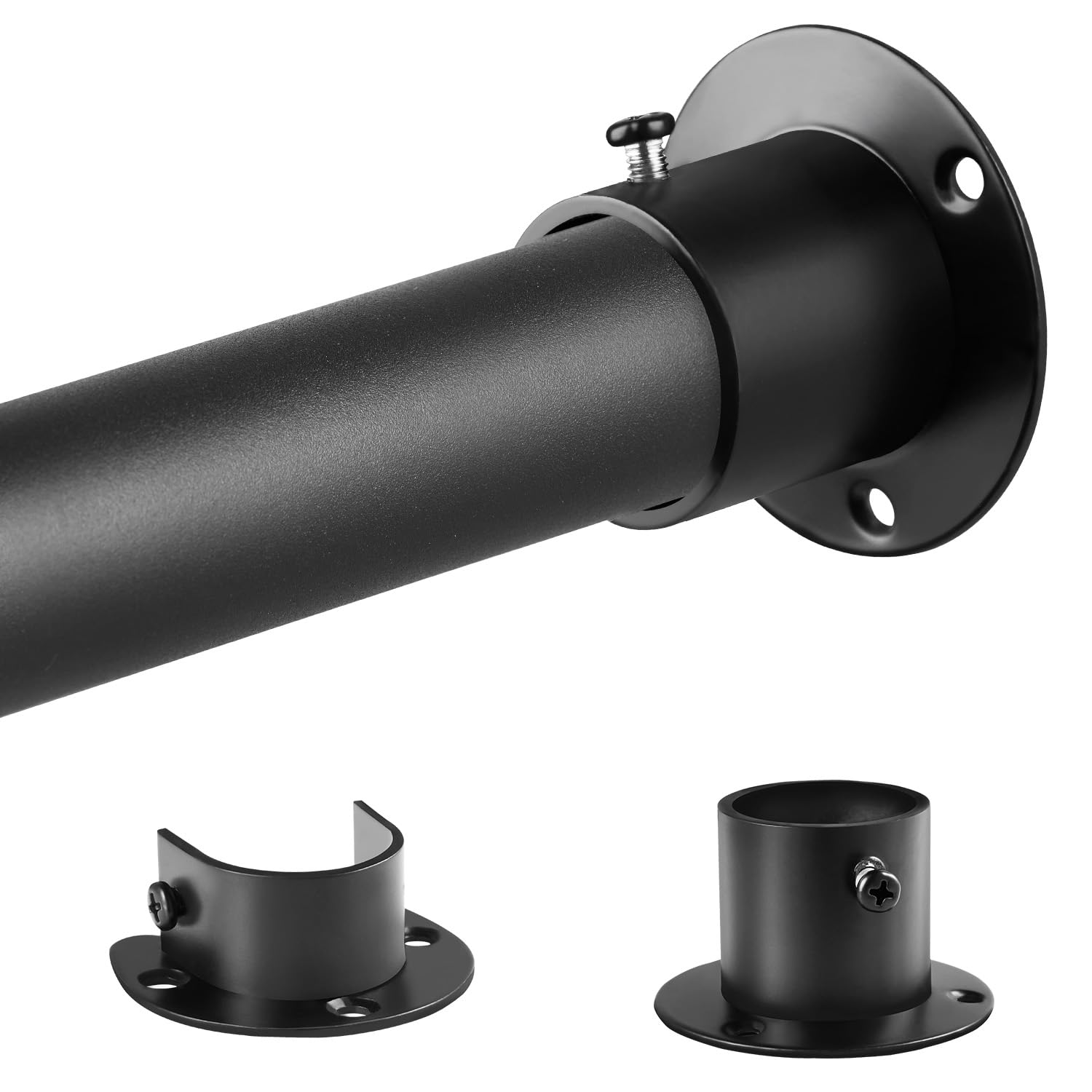 Black Wardrobe Pole, Extendable Heavy Duty Wardrobe rail 74-250cm, Round Clothes Hanging Pole with End Sockets & Screws for Wardrobe Cabinet Cupboard,Diameter 32mm