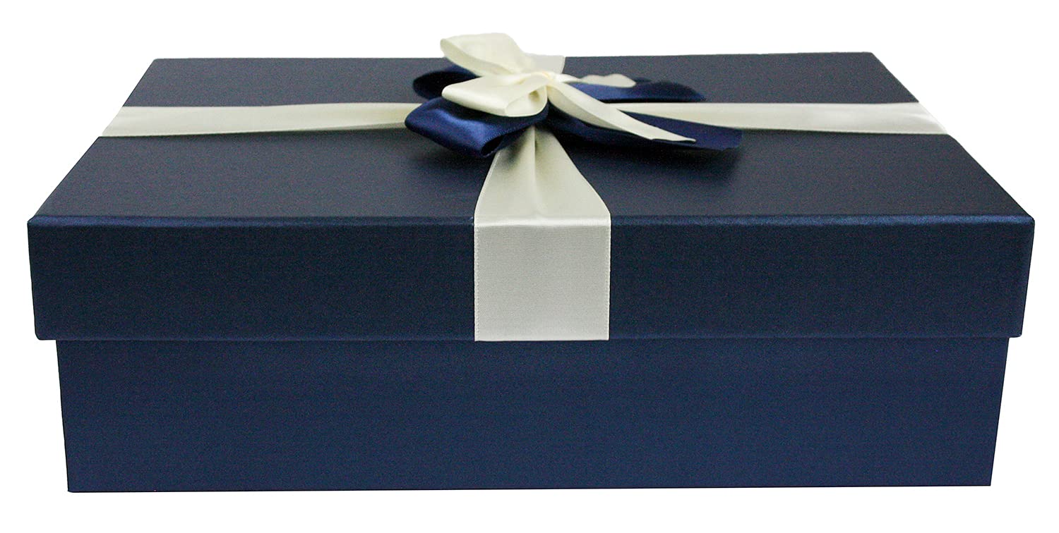 Emartbuy Black Paper + Blue Rigid Gift Box with Ribbon – 29 x 21 x 9 cm – Luxury Cardboard Presentation Box|Premium Packaging for Hampers, Bridesmaid Gifts, Birthdays, Weddings, Corporate Gifting