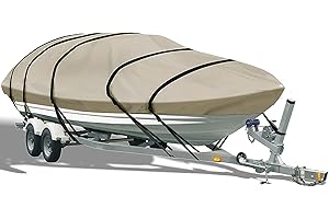 Smikodo Boat Covers 14-16ft 600D Waterproof and Tear Resistant Trailerable Boat Cover,Heavy Duty UV Resistant,Fit for V-Hull Tri-Hull Runabout Fishing Boat Bass Boat,Width up to 70",14 15 16ft Tan.