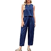 RANTAR Womens Cotton Gingham 2 Piece Outfit Summer Tank Top Pants Matching Casual Beach Lounge Set
