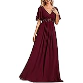 Ever-Pretty Women's Spring Short Sleeve Bridesmaid Dresses V-Neck Chiffon Ruched Empire Waist Appliques Long Formal Dress