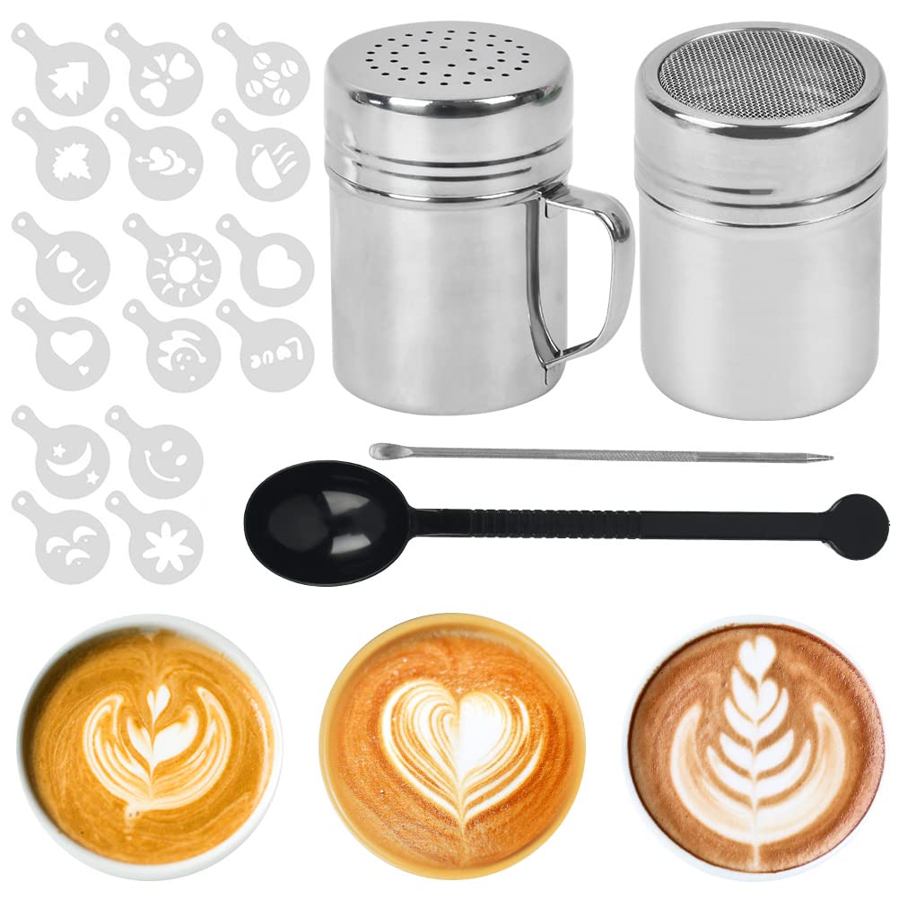 CENBEN Coffee Sprinkles Powder Set, Stainless Steel Mesh Icing Sugar Sprinkler, Chocolate Shaker Duster, Coffee Stencils & Pull Pin for DIY Cappuccino, Icing Sugar, Cocoa Flour & Latte