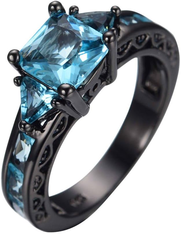 wattana Size 5-11 Princess Cut Aquamarine Band Women's 10KT Black Gold Filled Party Ring by Wat (7)