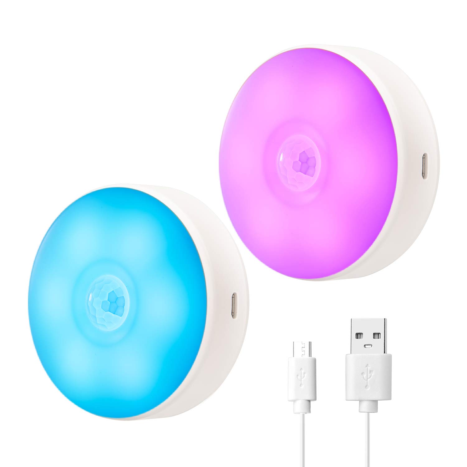 SingHong Motion Sensor LED Night Light, USB Rechargeable, 8 Lighting Colors, 3 Working Modes, Magnet Stick Anywhere, Night Light for Hallway, Cabinet, Closet, Stairs, Cupboard, etc (2 Pack White)
