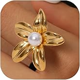 Harry and Henry Gold Chunky Rings with Flower Design Stackable SilverTone Pearl Accent Statement Jewelry for Everyday Wear & Gifting