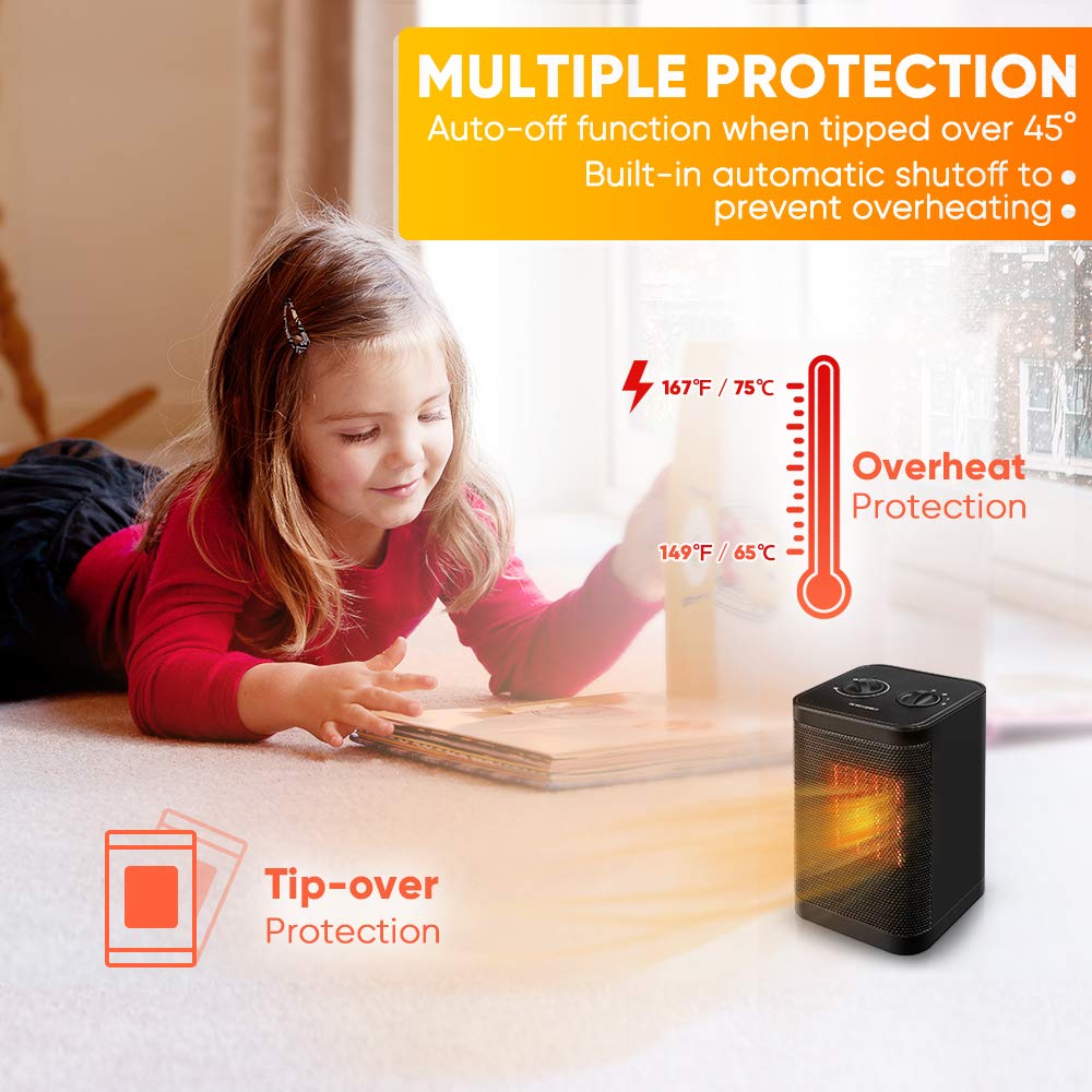 Space Heater Indoor Electric Heater - Portable Ceramic Personal Quiet Small Heater For Office, Home, Bedroom, Kids Room with Thermostat Tip-over & Overheat Auto-Off