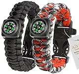 1# BEST Value For Money A2S Survival Kit Paracord Bracelet Set of 2 with Compass Flint Fire Starter, Stainless Fire Scraper, Emergency Whistle (Black / Red Camo, Medium 8