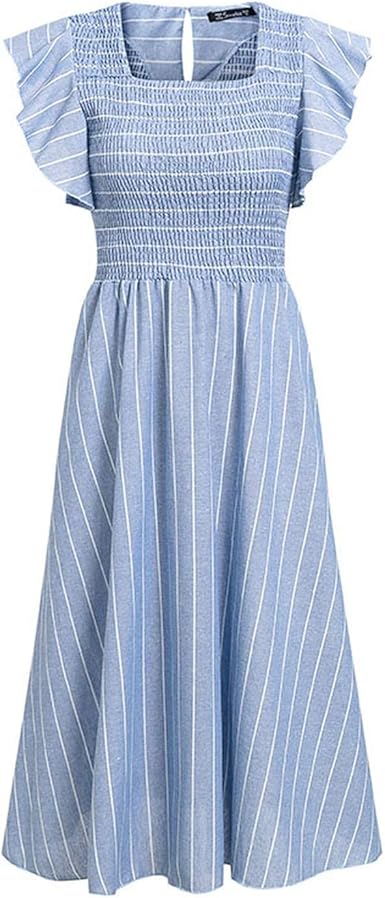 Simplee Vintage Striped Women Long Dress Ruffle Linen Blue Elegant