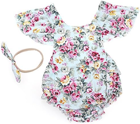 Baby Girls Cotton Vintage Floral Ruffle Rompers Clothing Headband Set